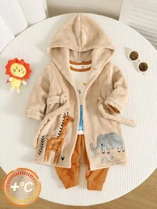 SHEIN Baby Boy Autumn/Winter Cute Embroidered Hooded Robe Loungewear - Apricot - View 1