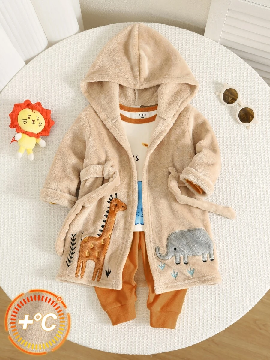 SHEIN Baby Boy Autumn/Winter Cute Embroidered Hooded Robe Loungewear - Apricot - View 1