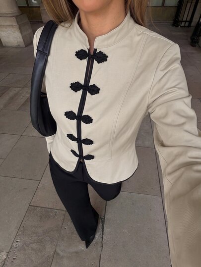Siren Gaze Women's Stand Collar Frog Button Casual Versatile Daily Travel Long Sleeve Jacket