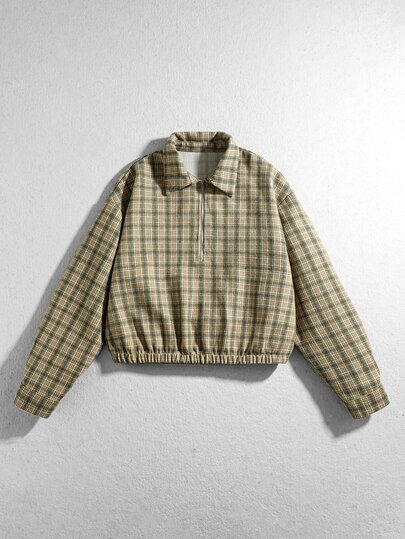 ROMWE MEN Men's Plaid Fashion Zipper Design Shirt