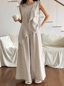 DAZY Women's Round Neck Asymmetrical Hem Sleeveless Top And Wide Leg Pants Loungewear Set - Khaki - View 3