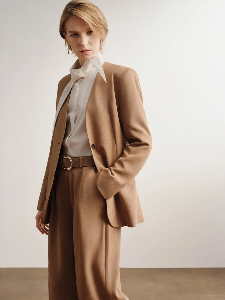 Briarwyn Women Minimalist Linen Blazer & Bermuda Shorts 2 Pieces Set, V Neck Two Button Oversized Suit Matching Outfit - Brown - View 1