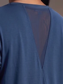 Powerista Kaos Lengan Panjang Kasual Wanita Ukuran Plus Warna Biru Tua Polos dengan Panel Jala di Belakang dan Leher Bulat, Atasan Olahraga Bernapas, Pakaian Aktif, Kain Bernapas, Musim Gugur - Navy Blue - View 7