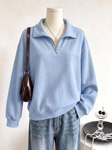 SHEIN Sparklyn 青少年女孩純色落肩長袖半拉鍊休閒運動衫 - 藍色 - 查看 4