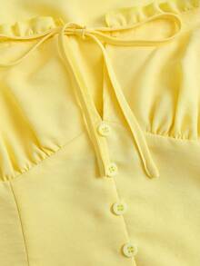 Sweetra Women's Yellow 2 Pieces Set, Featuring Ruffled Square Neck, Puff Long Sleeves, Front Tie, Ruched Top And Flowy Mini Skirt, Suitable For Beach Vacation And Club Wear - Yellow - View 7