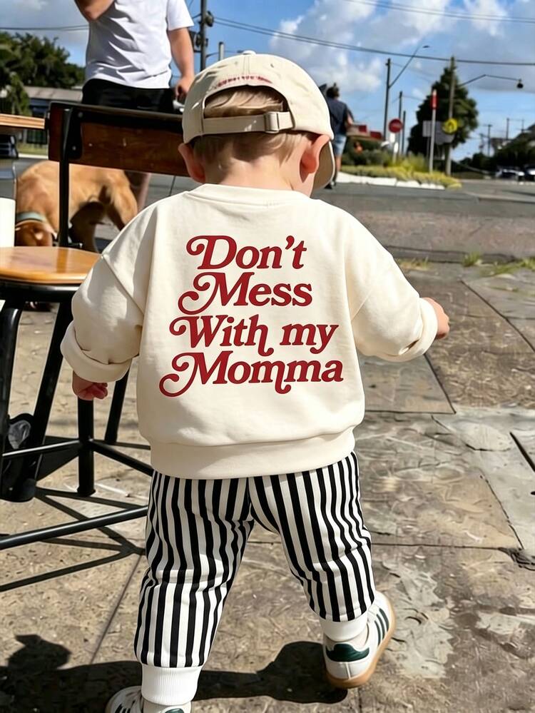 Young Boy Casual Sweatshirt Set, Includes Crew Neck Autumn Top And Striped Casual Pants; Top Printed With "Don't Mess With My Mom" - Multicolor - View 3