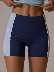 Musera Sport Stripe Contrast Colour Sides Low Rise Coord Mini Short Fall Autumn Winter Gym Active Pilates Motion - Navy Blue - View 1