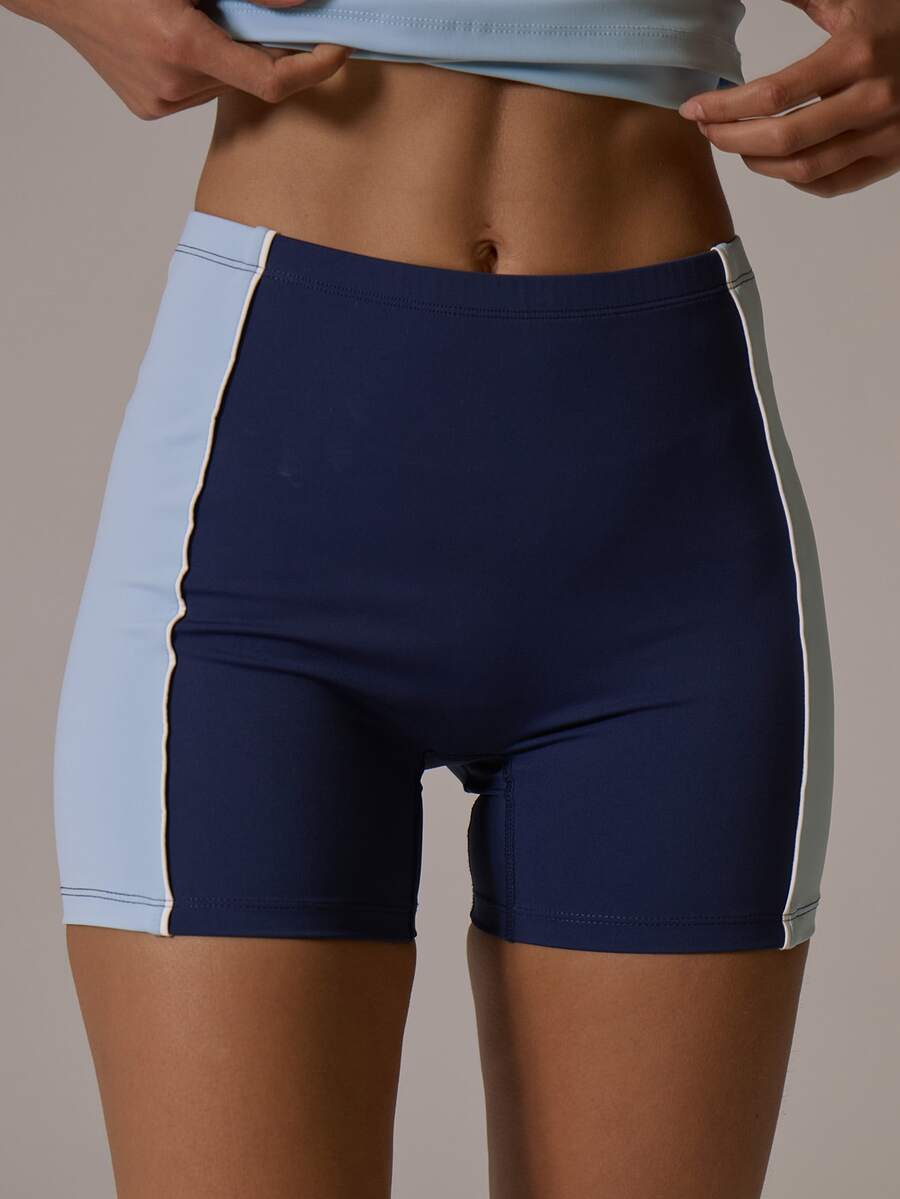 Musera Sport Stripe Contrast Colour Sides Low Rise Coord Mini Short Fall Autumn Winter Gym Active Pilates Motion - Navy Blue - View 1