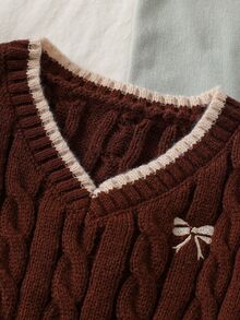 SHEIN 少女復古刺繡麻花針織時尚長袖毛衣 - 棕色 - 查看 3