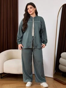 Lacomfia Plus Size Women's Loose Casual H-Line Stand Collar Long Sleeve Zip-Up Jacket And Regular Elastic Waist Straight Leg Pants 2 Pieces Set, Autumn - Green - View 4