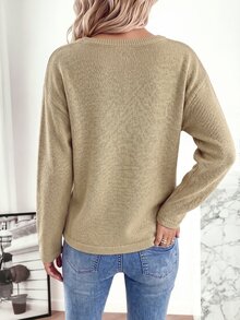Holdful Holdful Fashionable Minimalist Versatile Small V-Neck Button Embellished Khaki Casual Commute Style Drop Shoulder Long Sleeve Pullover Sweater For Women Autumn/Winter - Khaki - View 2