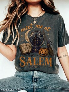 Breezaya Meet Me In Salem T恤、萬聖節女巫T恤、水晶球女巫T恤、陰森塞勒姆T恤、萬聖節女巫愛好者禮物 - 深灰色 - 查看 1