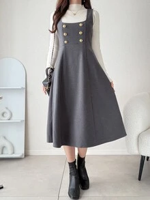 FRIFUL Gaun Berlapis Kancing Gaya Korea Preppy untuk Wanita - Grey - View 5