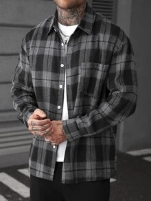 Manfinity Homme قميص رجالي كاجوال بنقشة مربعات، خريفي - الأسود - مشاهدة 3