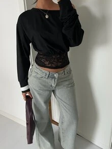 Aloruh 杏色針織不對稱肩鬆上緊下長袖女式襯衫，秋冬新款 - 黑色 - 查看 3