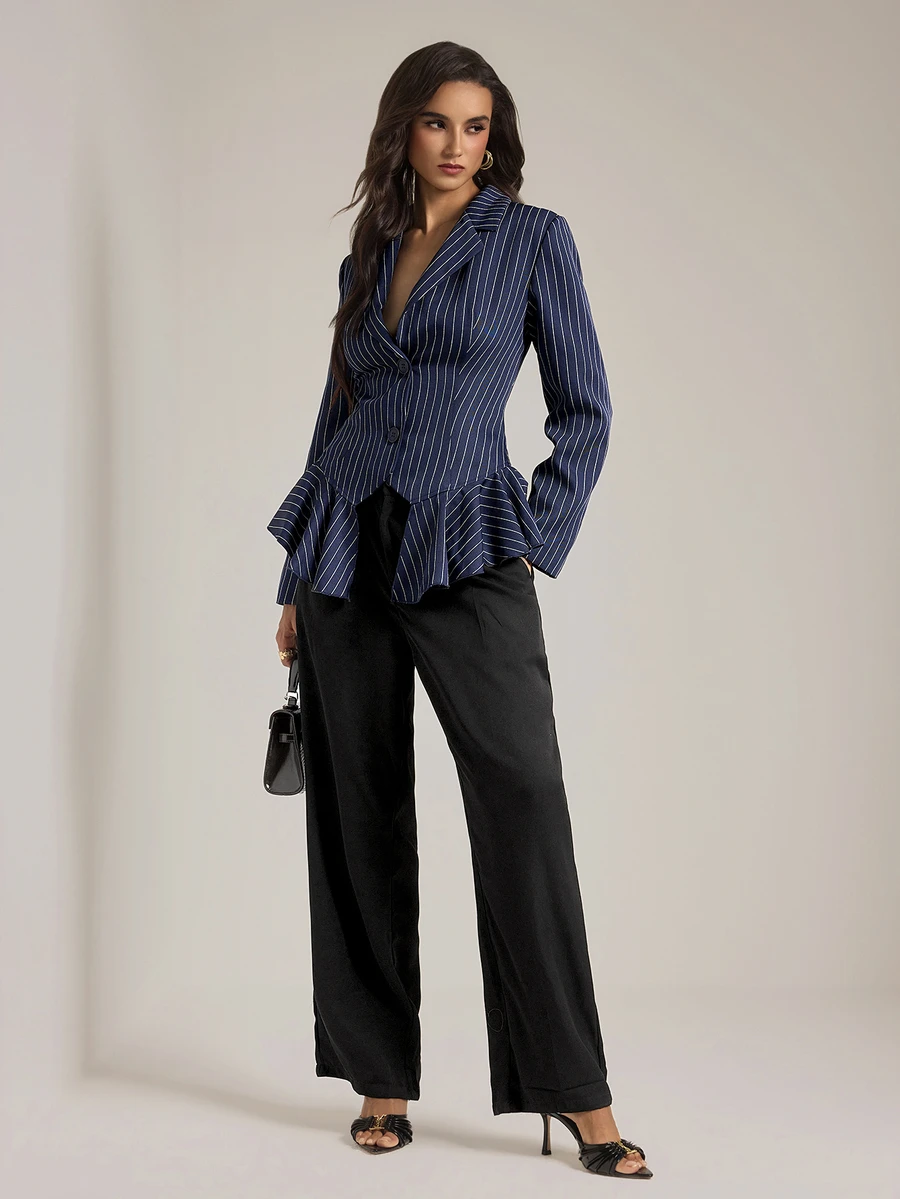 SHEIN Tall Women's Tall Navy Striped Smart-Casual Blazer - Navy Blue - View 1