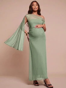 MaterniChic Maternity Solid Color Asymmetric Neck Ribbon Design Slim Fit Elegant Dress - Green - View 3