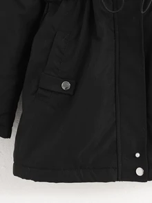 SHEIN 青少年女孩休閒街頭風黑色梭織連帽外套，人造毛飾邊、收腰設計、口袋連帽大衣，抓絨內裡加厚，適合返校季、秋冬外出與日常穿著 - 黑色 - 查看 7