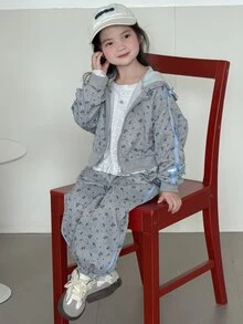 Dazy Kids Young Girls' Loose Hooded Floral Bow Decor + Long Pants Casual Cute 2 Pieces Sweatshirt Set Fall Hoodies - Light Grey - View 3