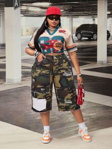 Slaydiva Plus Size Women Non-Stretch Denim Capri Pants Camouflage Print Design Distressed Straight Leg Cowboy Outfits For Women - Multicolor - View 6