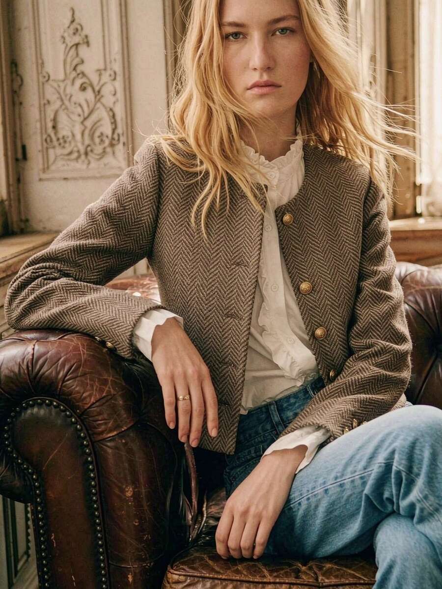 Écloséra Vintage French Elegant Beige Herringbone Tweed Short Jacket, Collarless Round Neck Design, Placket Cuffs Office Everyday Jeans Autumn - Brown - View 1