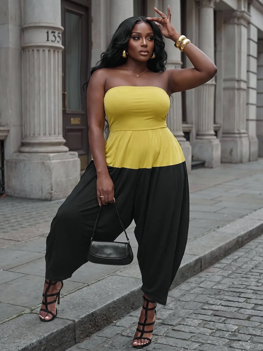 Slaydiva Spring/Autumn New Elegant Colorblock Strapless Fitted Top Loose Bottom Harem Style Knit Fabric Plus Size Long Jumpsuit For Women - A - Multicolor - View 1