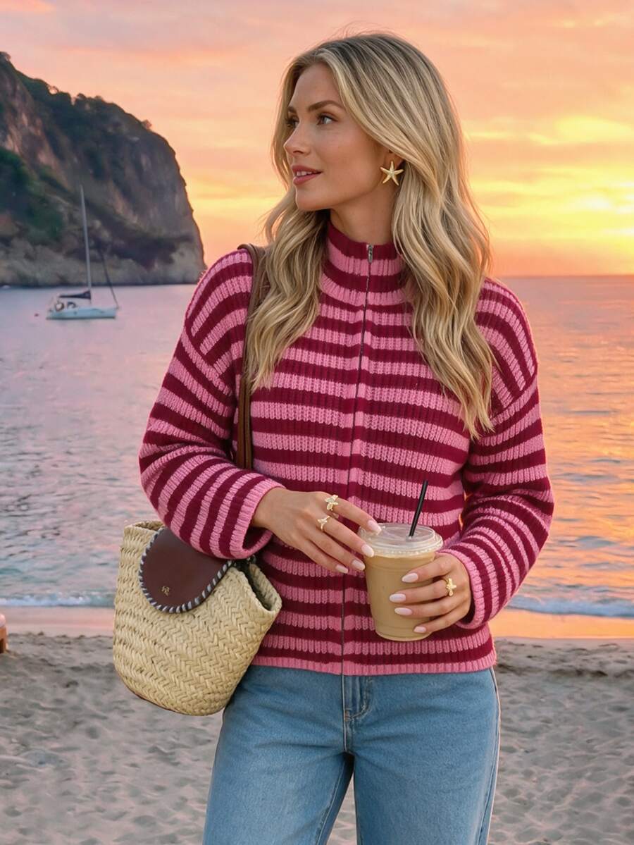 Sylviya Cardigan Rajut Wanita Kasual dengan Resleting dan Motif Garis-Garis Warna-warni - MultiWarna - View 1