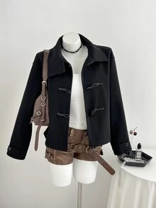 Elamini Autumn/Winter Fashion Women's Overcoat With Horn Buttons - Black - View 3
