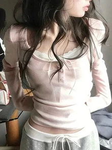 DAZY Women's Pink Lace Patchwork White Slim Fit Contrast Color Casual Daily Long Sleeve T-Shirt For Dating Fall - Pink - View 1