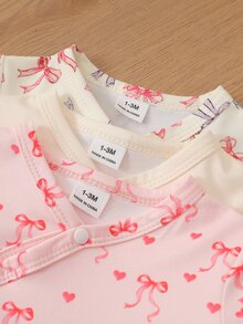 SHEIN 3件組新生女嬰秋季休閒長袖T恤蝴蝶結元素可愛連身衣 - 彩色 - 查看 7
