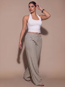 SHEIN BAE CURVE 大尺碼女款條紋口袋西裝長褲，適合商務辦公 - 卡其色 - 查看 5