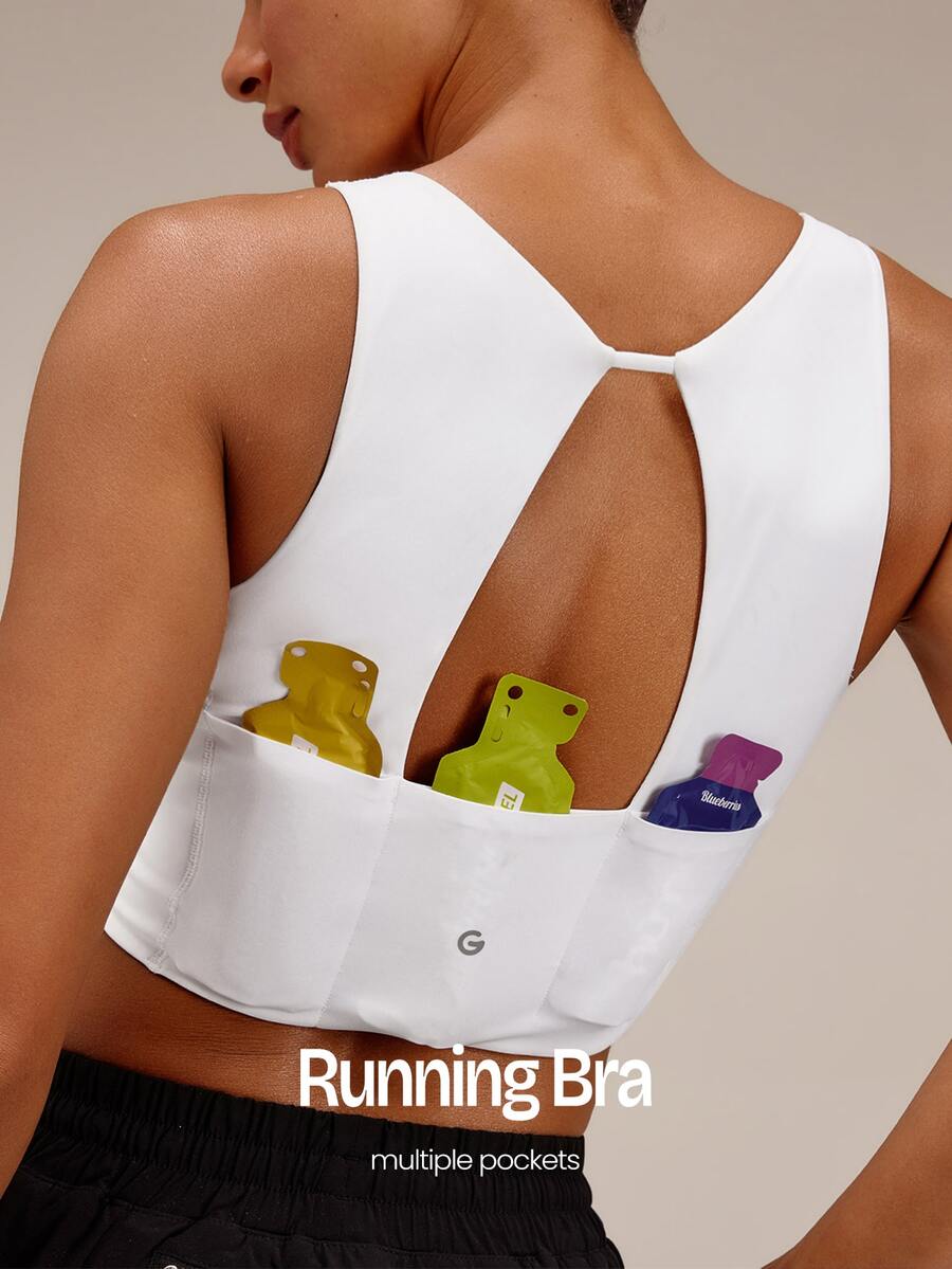 GLOWMODE In It To Win It Quick-Dry Performance Mesh Panel Sports Bra With Multi-Pockets & Wrinkle-Resistant Cups Cycling Marathon Training Workout Fitness - White - View 1