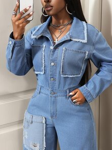 BamGleam Festival Standard Size Women's Blue Non-Stretch Distressed Patchwork Long Sleeve Denim Jumpsuit - Light Wash - View 7