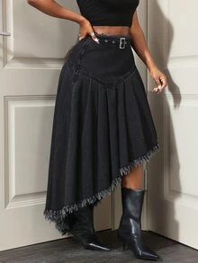 Slaydiva Women's Frayed Hem Casual Daily Denim Skirt - Black - View 5