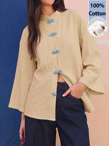 EastFlair Women's Casual Versatile Daily Wear Top With Frog Buttons - Apricot - View 2
