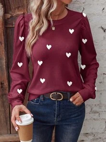 Trelyra Fashion Basic Retro Colorblock Red Base White Heart Print Round Neck Puff Long Sleeve T-Shirt - Multicolor - View 4