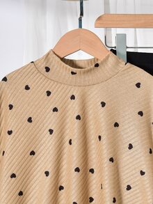 SHEIN Elladie kids Tween女孩 春/秋/冬休閒T恤套裝，設計感不對稱套頭高領針織羅紋刷毛布料卡其色純色長袖T恤上衣，搭配卡其色休閒喇叭褲，2件套，適合春/秋/冬返校季，優雅簡約通勤高級感穿搭，適用日常上學、外出、度假與派對 - 卡其色 - 查看 6
