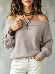 SHEIN LUNE Women's Solid Color Off-Shoulder Casual Everyday Long Sleeve T-Shirt - Apricot - View 3