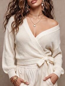 Linhara CURVE Women Fall Winter Elegant Wrap V-Neck Knit Sweater, White Lantern Long Sleeve Side Tie Solid Knit Top Office Wear - Beige - View 7