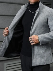 Manfinity CasualCool 男士立領中長版灰色單排扣羊毛大衣，休閒夾克，秋冬英式商務休閒通勤羊毛外套 - 灰色 - 查看 4