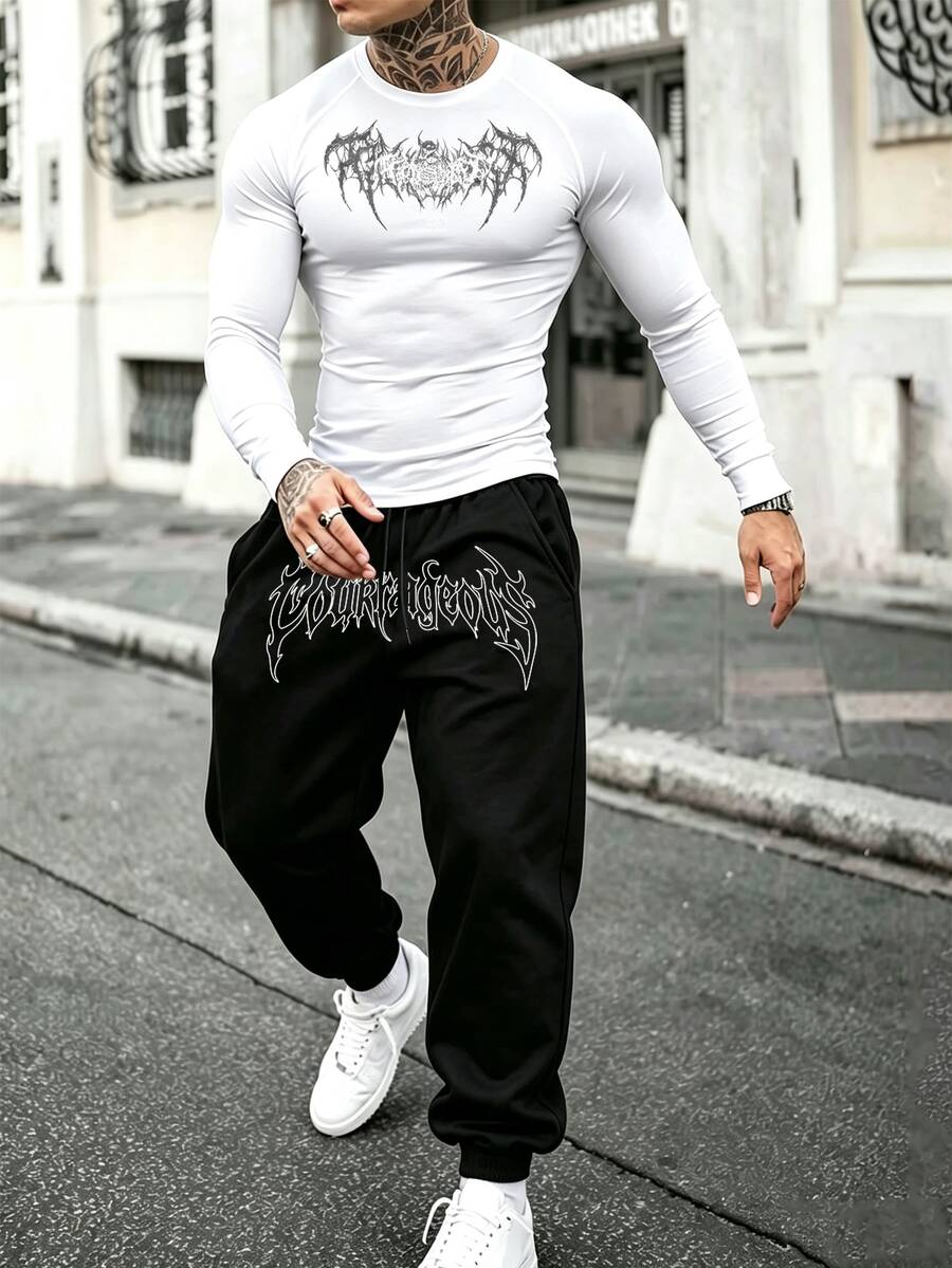 Gym Rark Men's Letter Print Long Sleeve Top And Pants Casual Daily Sports Set - White - View 1