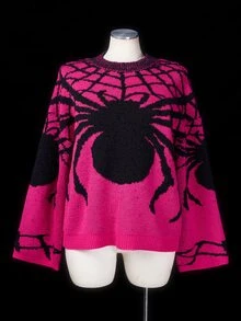 Sunspun Plus Size Women's Spider Pattern Round Neck Long Sleeve Casual Sweater Winter - Multicolor - View 7