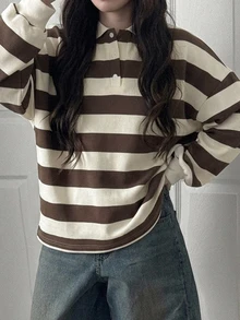 FRIFUL Women's Striped Polo Collar Casual Drop Shoulder Long Sleeve Loose Fit T-Shirt Fall - Brown - View 8