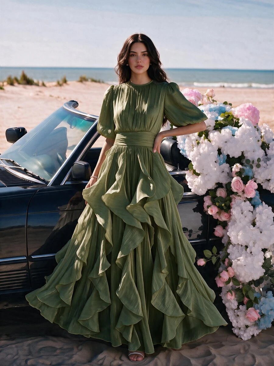 Anewsta 優雅女款短袖洋裝,浪漫優雅,抓皺腰部,時尚亮面波浪下擺,粉紅色,適合宴會、派對與會議 - 綠色 - 查看 1