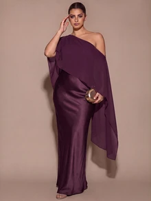 SHEIN BAE CURVE 大尺碼女款優雅長版不對稱單肩洋裝 - 紫色 - 查看 7
