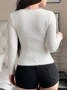 DAZY 女款深V領蕾絲拼接性感修身極簡都會休閒T恤 - 白色 - 查看 2