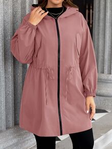 SHEIN LUNE Áo khoác casual tay dài có mũ, khóa kéo trước, màu trơn, size lớn, quần áo mùa thu - Bụi hồng - Xem 6