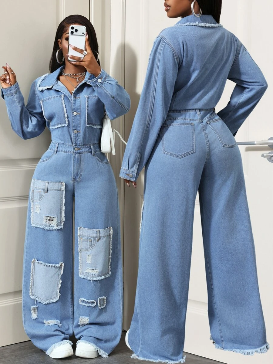 BamGleam Festival Standard Size Women's Blue Non-Stretch Distressed Patchwork Long Sleeve Denim Jumpsuit - Light Wash - View 1