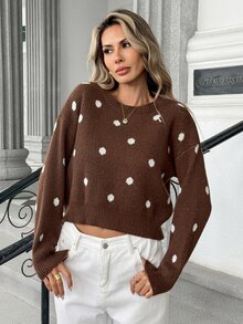 Pariaura French Sweet Style Vintage Colorblock Polka Dot Jacquard Slimming Slouchy Round Neck Pullover Sweater - Coffee Brown - View 4