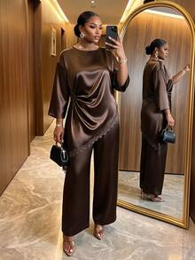 SHEIN Lady Plus Size Women Lace Patchwork Top And Pants Casual Everyday 2 Pieces Set - Brown - View 5